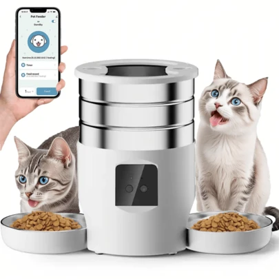 双猫自动宠物喂食器，2.4G WiFi 猫粮分配器，4.5L/152.18oz/1.19加仑大容量，不锈钢食物托盘，带 2 个碗的电动宠物喂食器，适用于猫和狗，可定制喂食时间表，双电源设计，防漏安全锁，适合多宠物家庭