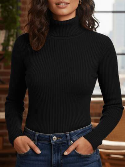 Cacharrel Feminino Elegante Gola Alta Canelado Manga Longa Inverno Frio Casual Tricot Térmica