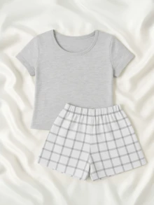 Women's Modern Short Plaid Pajamas - Grey - View 3