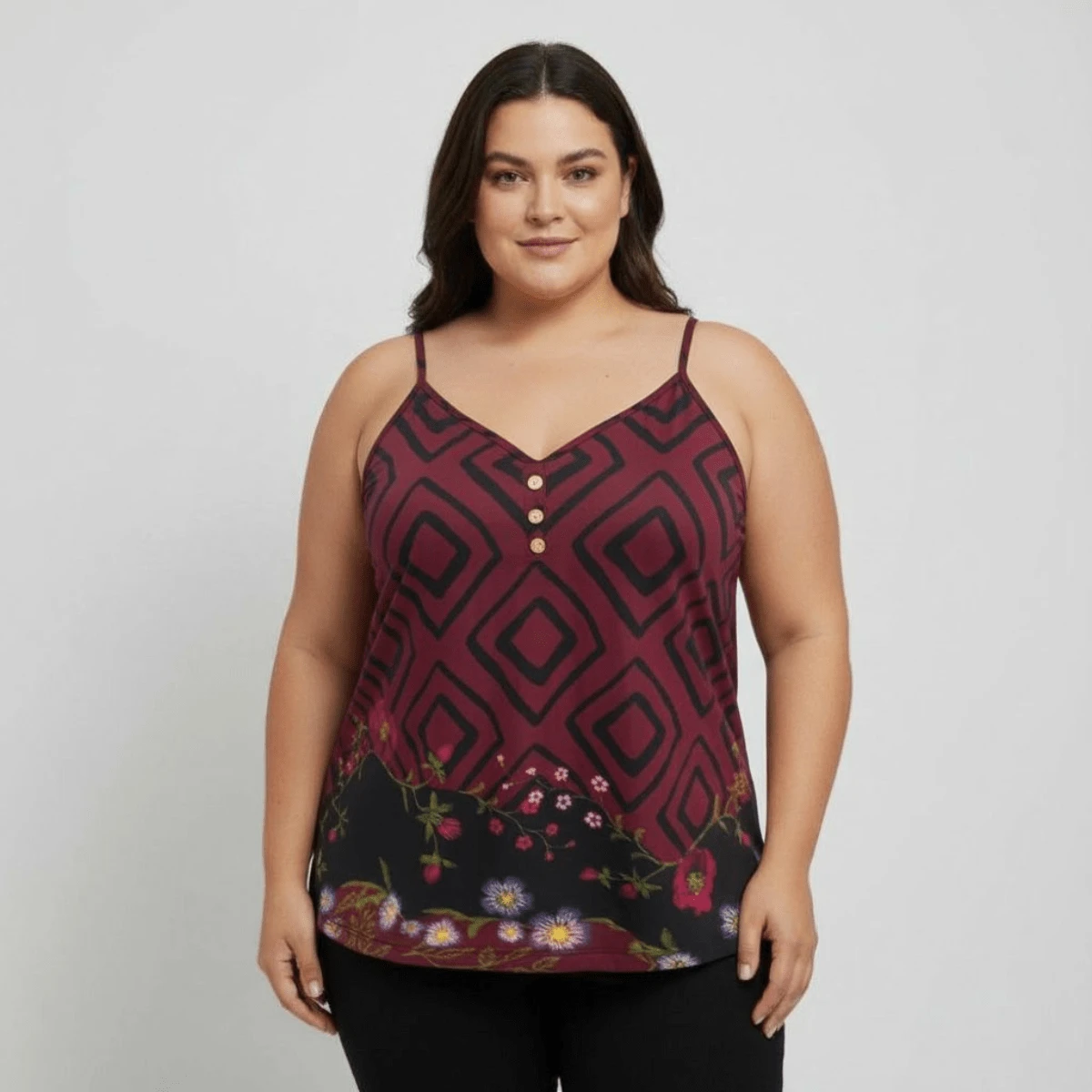 Blusa feminina plus size sem mangas com decote em V em malha com estampa