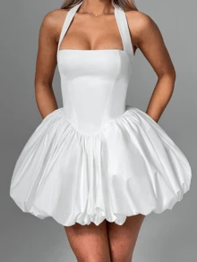Women Sleeveless Halter Dress Summer Casual Tie Up Backless Corset Bubble Party Dress For Beach Club Streetwear - 白色 - 查看 2