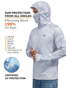 RODEEL Sun Hoodie Shirts W/ Removable Mask Neck Gaiter Men UPF 50+ UV Protection Long Sleeve Lightweight Quick Dry Moisture Wicking Breathable Cooling Athletic Activewear For Outdoor Hiking Fishing Construction Roofing Landscaping Work, Gifts For Men - 淺灰色 - 查看 2