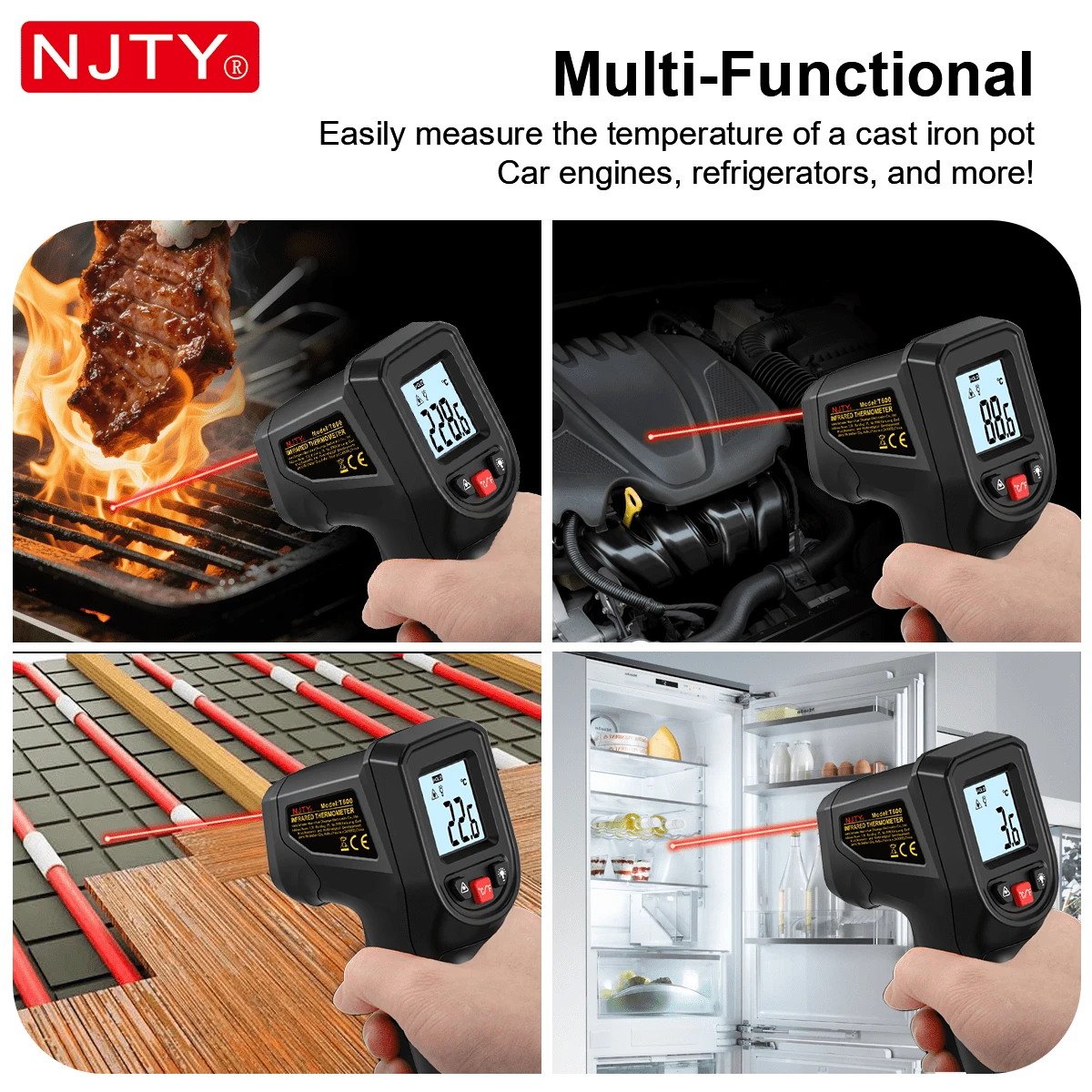 NJTY 1pc Digital Infrared Thermometer Gun, Suitable For Cooking, Grilling And Engine Temperature Detection - Precise Laser Surface Thermometer, Measurement Range -58°F To 1112°F, Orange With Black Accents, LCD Display, Battery Powered (2 AAA Batteries Not Included), Engine Temperature Detection | Stylish Handheld Thermometer | Comfortable Grip - Black - View 8