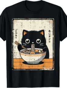 Japanese Black Cat Ramen Kawaii Noodles Art Women Girls T-Shirt - 黑色 - 查看 1