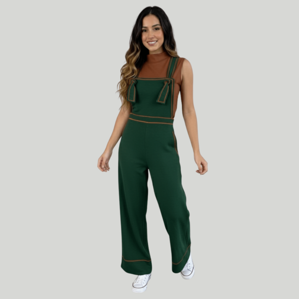 Macacão feminino de malha com costura contrastante, design de perna larga, tecido confortável e não elástico para uso diário