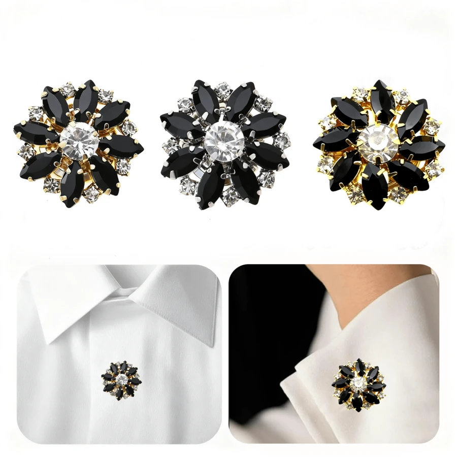 1pc Button Covers Cufflinks For Men Women,Button Cover For Shirt Tuxedo,Copper Base Black Rhinestone Flower,Decorative Buttons For Crafts,Shell Button Covers Fancy Accessories For Business Daily Party Wedding Gifts