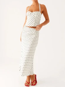 Women Polka Dot Skirts Set Sleeveless Halter Neck Slim Fit Crop Top Bodycon Maxi Skirt Sets Summer Outfits - trắng - Xem 1