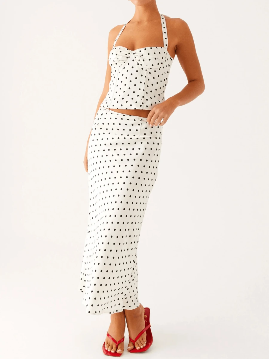 Women Polka Dot Skirts Set Sleeveless Halter Neck Slim Fit Crop Top Bodycon Maxi Skirt Sets Summer Outfits - trắng - Xem 1