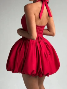Women Sleeveless Halter Dress Summer Casual Tie Up Backless Corset Bubble Party Dress For Beach Club Streetwear - 紅色 - 查看 6