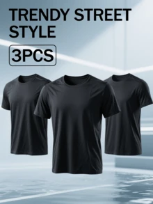 XCGV JK 3pcs Pack Men's Knitted Casual Round Neck Short Sleeve T-Shirt, SKIN-FRIENDLY WEARWITH NO SWEATINESS,CLASSIC CREW NECK FITS ALL FACE SHAPES - 黑色 - 查看 1