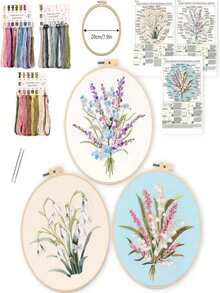 1 Set Beginner Embroidery Kit With Floral Pattern, Elegant Style Cross Stitch Embroidery Set For DIY Embroidery Enthusiasts, Includes Printed Fabric, Embroidery Thread, Embroidery Needle, English Instructional Chart, 20cm/7.9in Bamboo-Like Embroidery Hoop - Multicolor - View 4