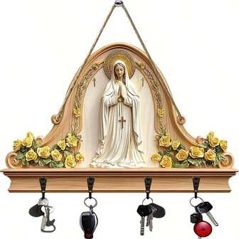 One Wooden Wall-Mounted Key Holder With A Prayer Design For The Virgin Mary, Featuring Four Metal Hooks - Bohemian Farmhouse Style Wall Decoration, 10.4 Inches X 8.6 Inches. 2D Religious Artwork Suitable For Porches, Rooms, Bedrooms, Cottages, And All-Season Home Decor. Easy To Install.