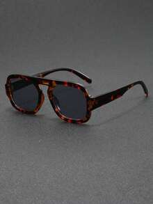 Men's Retro Double Bridge Square Fashion Glasses, Tortoiseshell - Multicolor - View 2