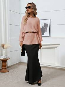 Plus Size Solid Color Batwing Sleeve Loose Pullover Sweater, For Winter