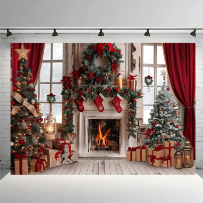 1pc Christmas Holiday Background, Winter Fireplace Christmas Tree Decoration Scene For Party Decoration, Christmas Festival Banner Suitable For Portrait Photography And Birthday Celebration Christmas Decoration