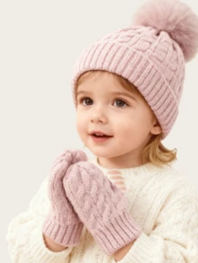 2pcs Baby Soft Yarn Ball Hat With Gloves Set, Warm And Suitable For Indoor/Outdoor Use In All Seasons, Cute And Sweet Style, 1 Hat And 1 Pair Of Gloves - Pink - View 1