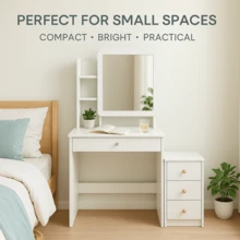 Compact Dressing Table With Right Sliding LED Mirror, Hidden Storage And Removable Chest Of Drawers, Bedside Table For Small Rooms Holiday Gift Ultimate Gift For Girls