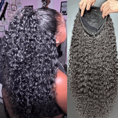 ZHENDEFA 1 st Jerry Curl-peruk med äkta hår, limfri, flip-over-peruk med osynligt hårfäste, nybörjarvänlig peruk med hårband för kvinnor