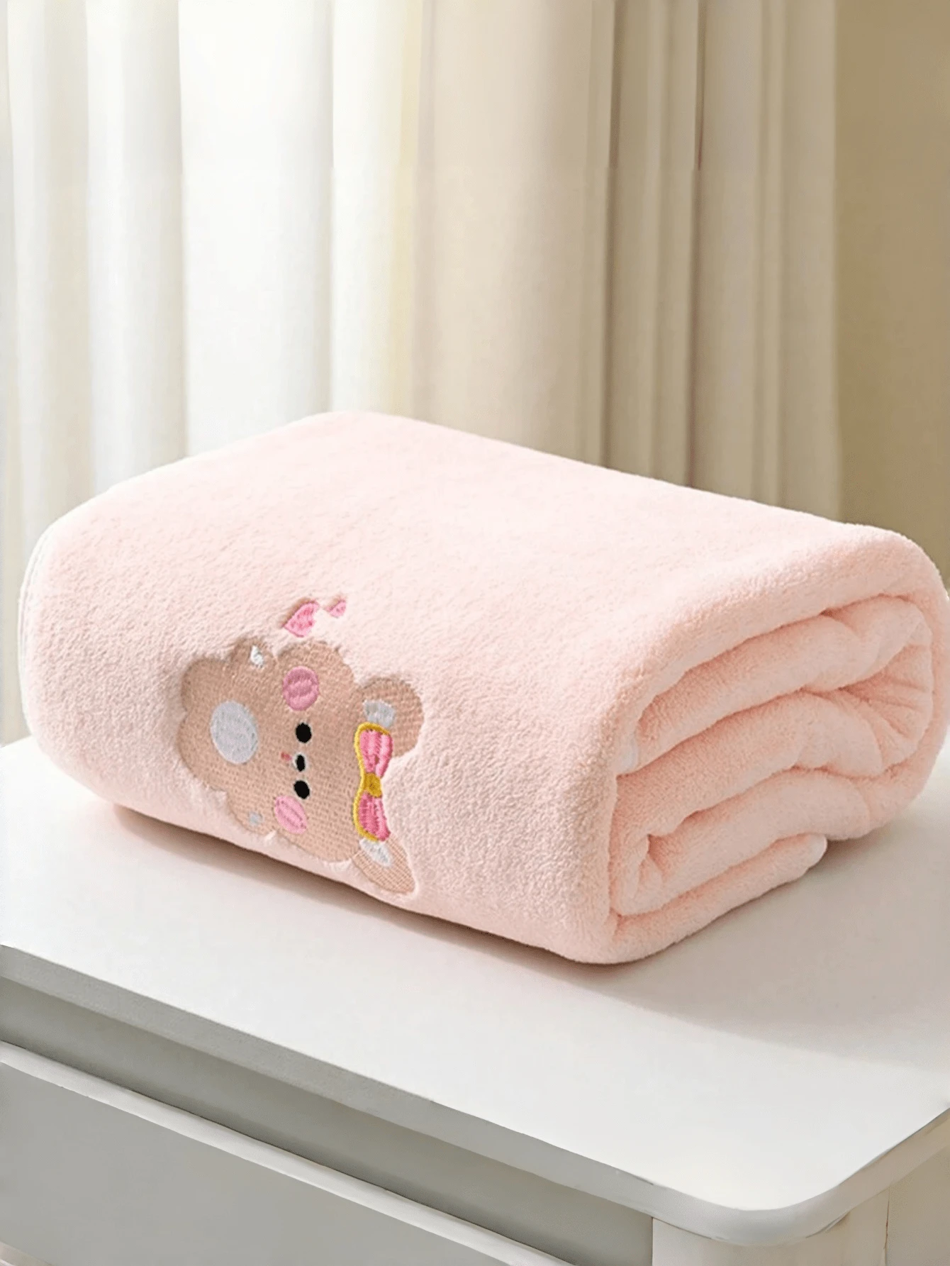 1pc Cartoon Embroidered Pattern Soft Baby Blanket, Swaddle Wrap, Nursery Receiving Blanket, Absorbent & Warm Bath Towel For Infant & Toddler