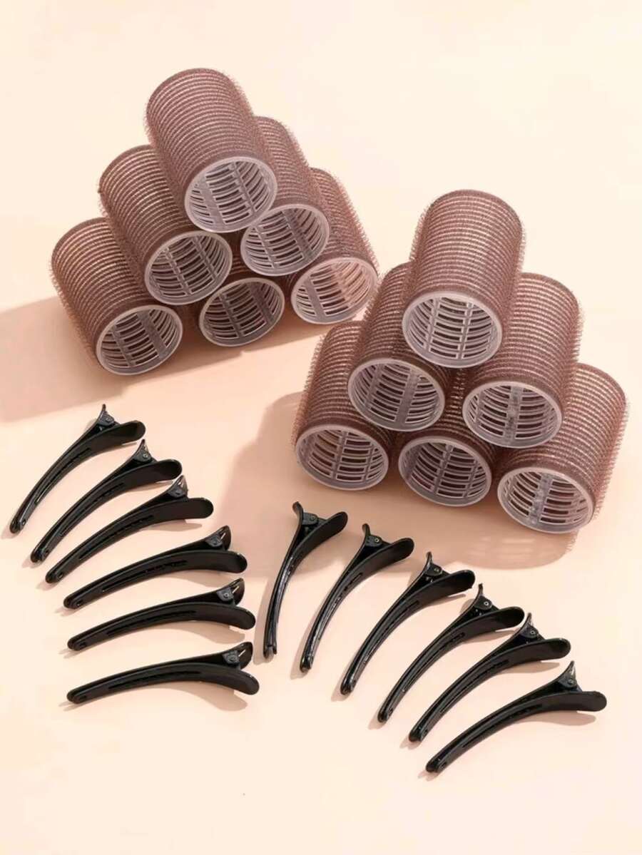 Set de 24 piezas/Rodillos de cabello de gran tamaño con pinzas, rizador autoadhesivo adecuado para cabello largo/medio/corto y flequillo, herramienta de rizado de cabello DIY (incluye 12 tubos de rodillo grandes + 12 pinzas), rizadores de cabello, rizos sin calor, rizador de cabello, productos y accesorios para el cabello para peluquería, salón de belleza, viajes, vuelta al colegio, vacaciones, accesorios para el cabello para mujeres - marrón - Ver 1