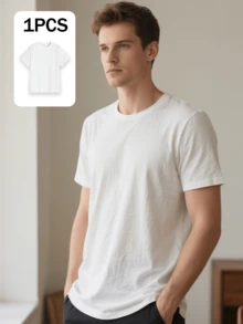 XCGV JK Men's Plain Round Neck Short Sleeve Casual Top, Daily Wear Tee,Boyfriend Gift,For Going Out, For Friends,Round Neck Short Sleeve T-Shirt, Round Neck Short Sleeve T-Shirt - 白色 - 查看 3