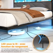 Letto sospeso 140x190 cm con struttura letto, letto volante con illuminazione a LED e porte USB, letto matrimoniale con contenitore, struttura letto in metallo, grigio