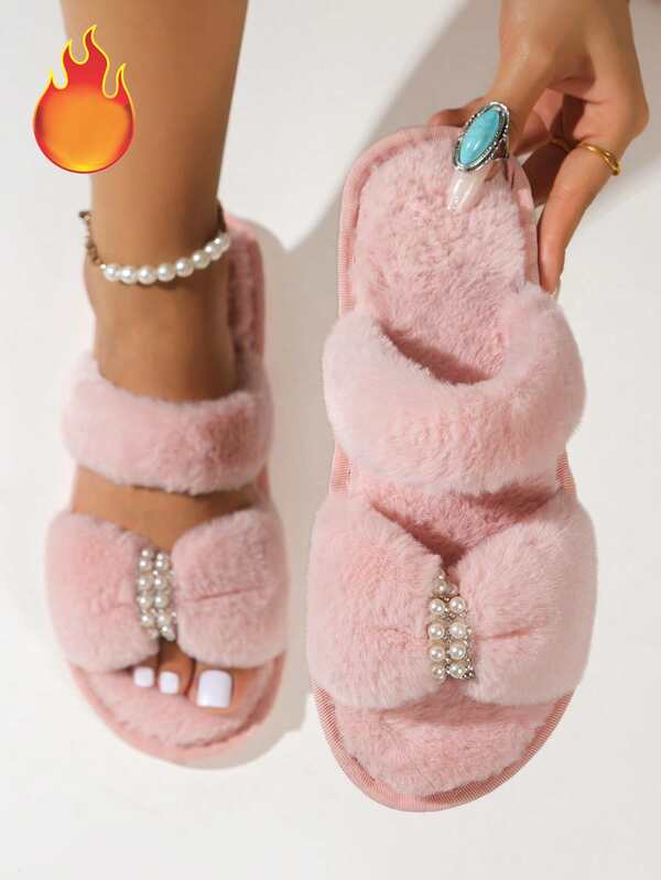2025 Novo Chinelo Feminino de Inverno para Casa, Antiderrapante, Quente, Silencioso, com Tira Única, Pérola e Falso Pelo