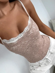Women Lace Slim Fit Cami Top Low Cut Sheer Mesh Backless Spaghetti Strap Crop Tank Top Summer Y2K Going Out Top - 杏色 - 查看 1