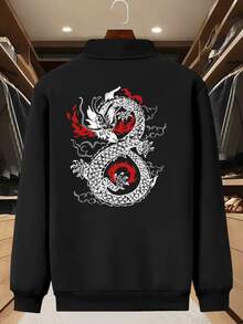 Men's Stylish Dragon Graphic Print Varsity Jacket, Casual Round Neck Long Sleeve Sportswear Outerwear,  Street Style Lightweight Active Coat For Men Fashion - 黑色 - 查看 3