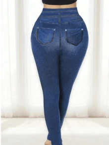 女士无缝高弹力紧身裤牛仔效果健身跑步修身裤高腰休闲裤街头打底裤