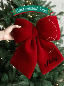 Ornamento personalizzato a fiocco natalizio - Decorazione natalizia con testo personalizzato, fiocco in velluto 3D per appendere all'albero, supporto per calza, decorazione regalo, dimensioni piccola/media/grande in rosso borgogna, decorazione festiva per le vacanze, calendario festivo