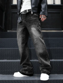 Flared Jeans, Stretch Denim Jeans, Skinny Jeans, Distressed Washed Denim Jeans, Versatile & Fashionable Cotton Product, Slant Pockets Washed Denim - Black - View 3