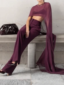 Women Chiffon Long Cape High Low Flowy Poncho Sheer Mesh Shawl And Wraps Capelets Bridal Wedding Evening - 酒紅色 - 查看 7