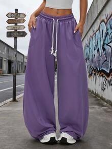 1 buc. Pantaloni sport casual pentru femei, cu talie reglabilă și șnur, cu buzunare, croială lejeră, streetwear, potriviți pentru activități în aer liber, drumeții, alergare, sală de sport, naveta zilnică, toate anotimpurile - Violet - Vizualizare 1