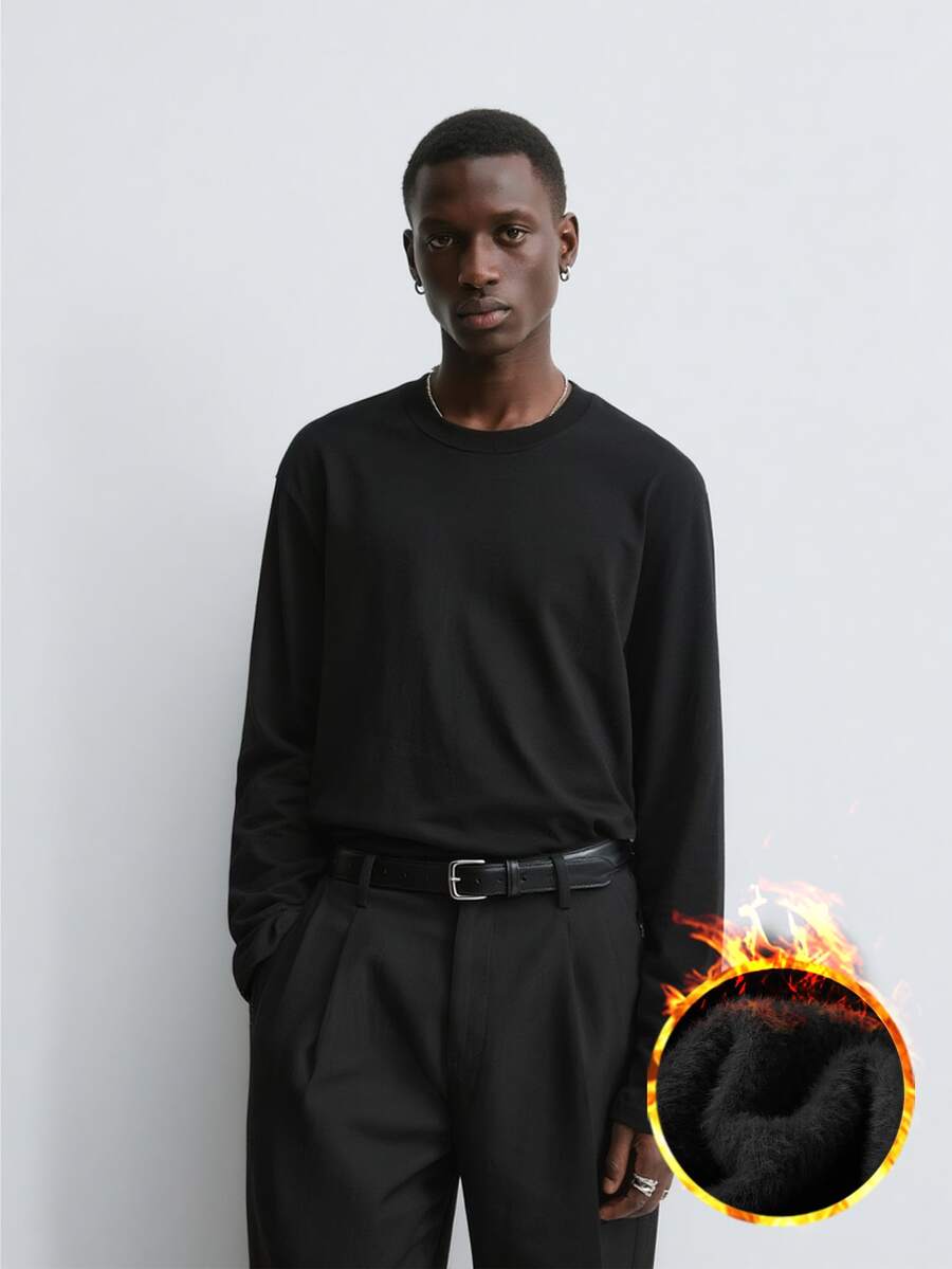 Men's Casual Warm Thermal Lined Long Sleeve T-Shirt, Autumn/Winter - Black - View 1