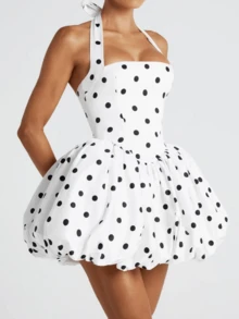 Women Sleeveless Halter Dress Summer Casual Tie Up Backless Corset Bubble Party Dress For Beach Club Streetwear - 彩色 - 查看 3