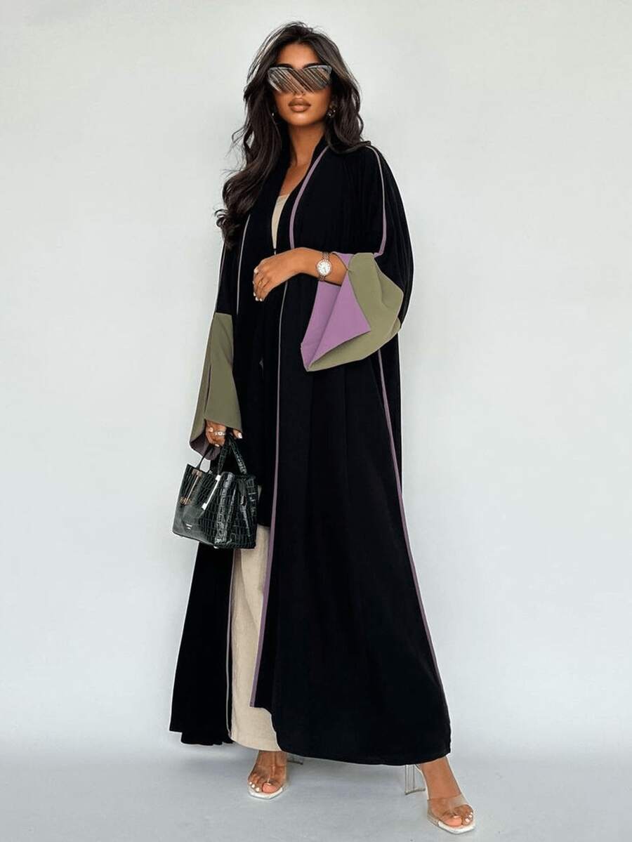 万圣节撞色袖口长款开衫长袍，宽松修身优雅外套，女巫风格黑色拼布设计外套