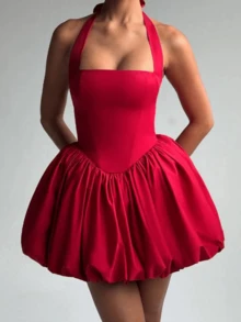 Women Sleeveless Halter Dress Summer Casual Tie Up Backless Corset Bubble Party Dress For Beach Club Streetwear - 紅色 - 查看 5