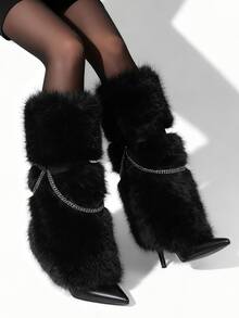 Women's Winter Furry Snow Boots Fuzzy Fluffy Knee High Pointed Toe High Heel Boots Outdoor Indoor Shoes Fashion Warm Fluffy Christmas Shoes For Women - 黑色 - 查看 1