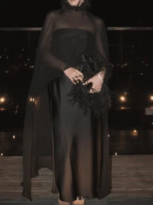 Women Chiffon Long Cape High Low Flowy Poncho Sheer Mesh Shawl And Wraps Capelets Bridal Wedding Evening - 黑色 - 查看 3