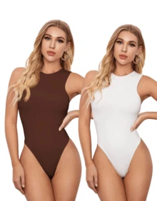 Kit 2 Women's Bodysuit Basic Plain Sleeveless Tank Top With Double Lining - Nâu và Trắng - Xem 1