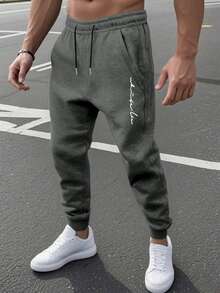 Father's Day Gift, Men's Drawstring Waist Solid Color Sweatpants, Long Length Printed Sweatpants, Basic Black Color Fitness Pants - Dark Grey - View 3