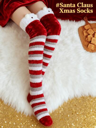Women's Christmas Fleece Over Knee Socks - Cute Santa Reindeer Snowman Design, Warm Plush Stockings For Holiday Gift & Winter Wear