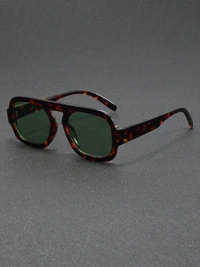 Men's Retro Double Bridge Square Fashion Glasses, Tortoiseshell