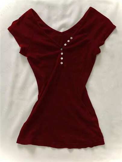 Punk Style Women's Vintage Solid Color Casual Street Wear Short Sleeve Button Pleated Fashionable Blouse, Sweet Girl Harajuku Y2K T-Shirt