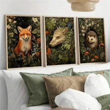 3 pièces Affiche sur canevas vintage sans cadre, peinture inspirée de William Morris représentant une sombre fantasie florale de cottage, d'animaux de la forêt. Œuvre murale, peinture murale pour cadeau, chambre, bureau, salon, café, bar, décoration murale, décoration de maison et de dortoir