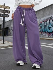1 buc. Pantaloni sport casual pentru femei, cu talie reglabilă și șnur, cu buzunare, croială lejeră, streetwear, potriviți pentru activități în aer liber, drumeții, alergare, sală de sport, naveta zilnică, toate anotimpurile - Violet - Vizualizare 3