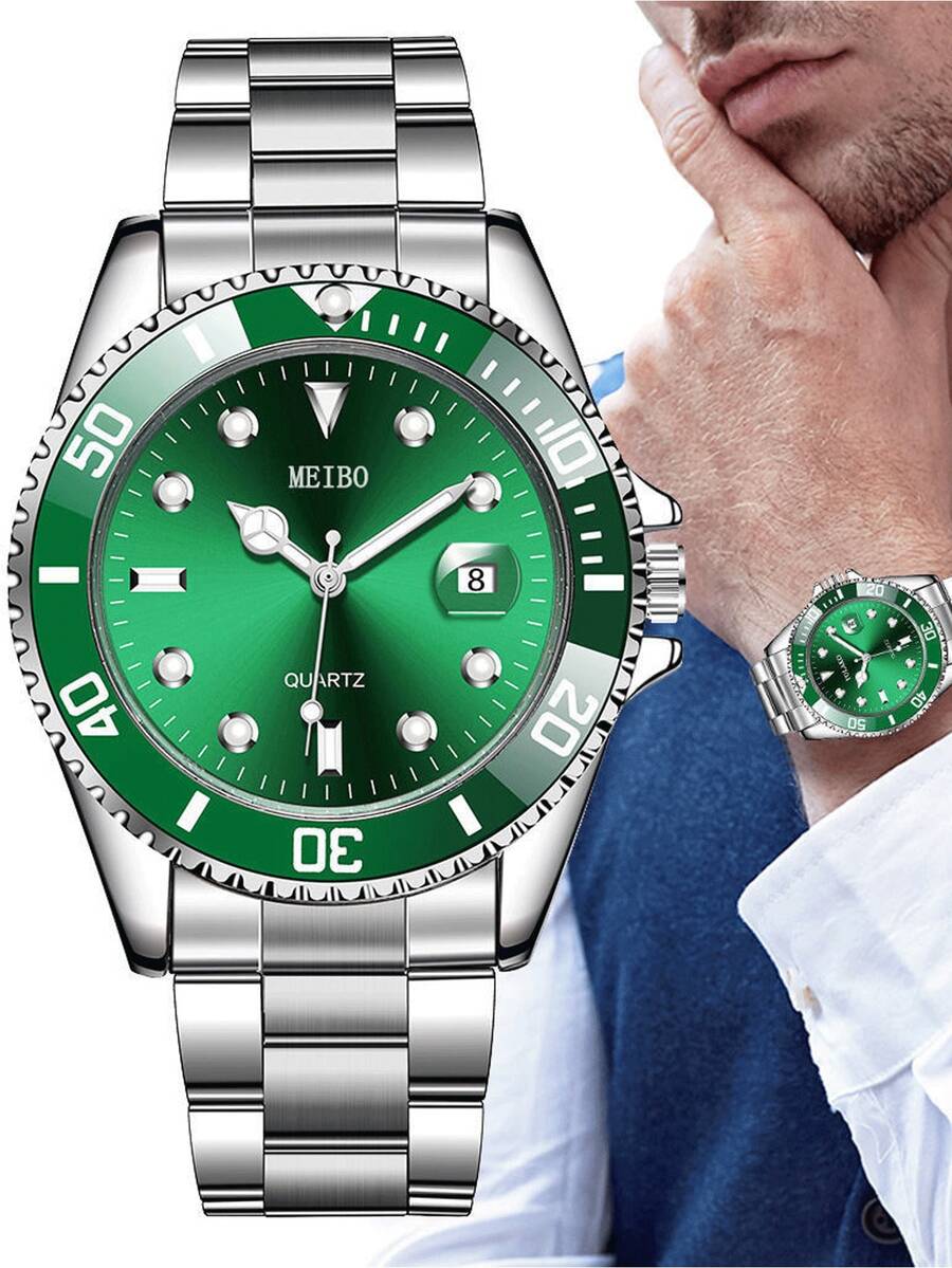 1 件绿水鬼设计男士石英腕表，时尚钢带 - 銀色 - 查看 1