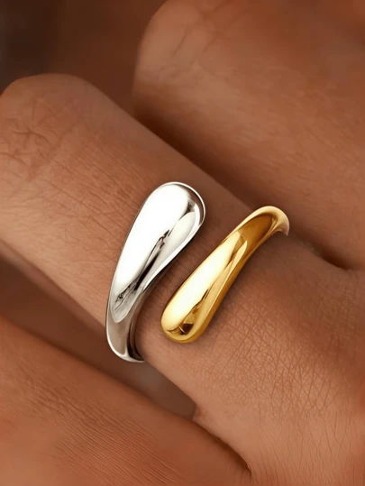 1pc 18K Gold Plated Stainless Steel Adjustable Open Ring, Teardrop Colorblock Design, Elegant Jewelry Gift, Bohemian Style