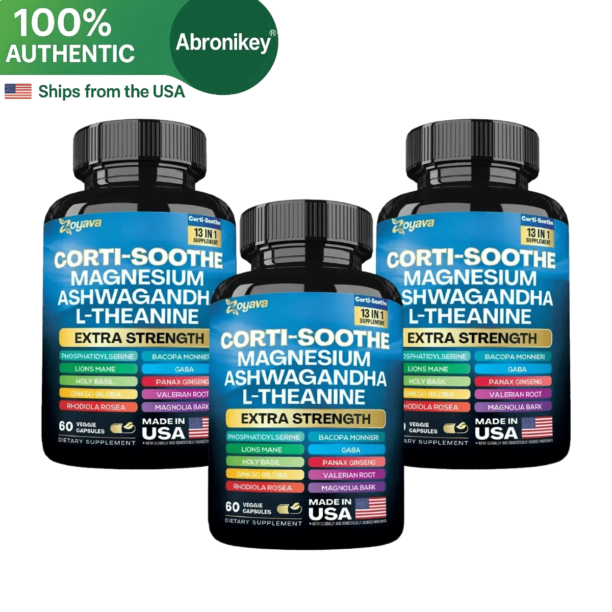 Abronikey 3 Bottles | Zoyava Corti-Soothe | All-In-One Cortisol Support Supplement | Magnesium, Ashwagandha, L-Theanine & 10+ Powerful Ingredients | 60 Capsules | Made In USA - 3瓶 - 查看 1